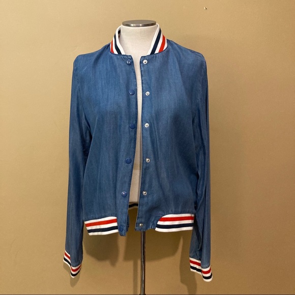 NWOT Denim + striped trim jacket - Picture 2 of 7